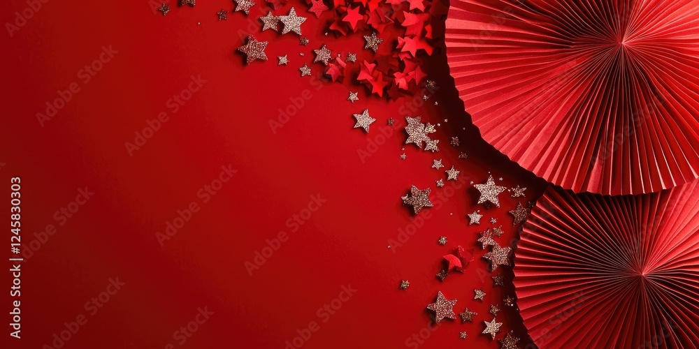 Poster red background featuring two round red paper fans positioned at the top right, scattered silver and 