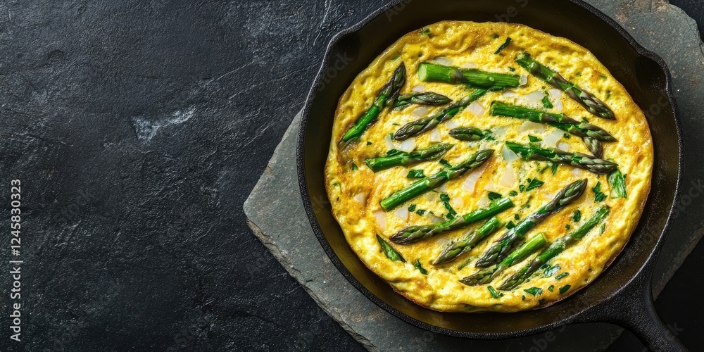 Poster Aerial view of a savory asparagus and onion omelet in a cast iron skillet on a textured dark stone surface with ample copy space to the right