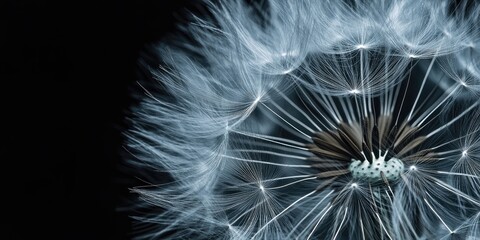 Monochromatic close-up of a dandelion seed head in shades of gray positioned centrally against a deep black background showcasing delicate details