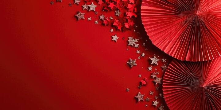 Red background featuring two round red paper fans positioned at the top right, scattered silver and red stars down the left side for festive New Year decor.