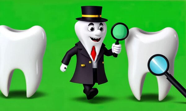 Tooth character inspecting teeth, green screen