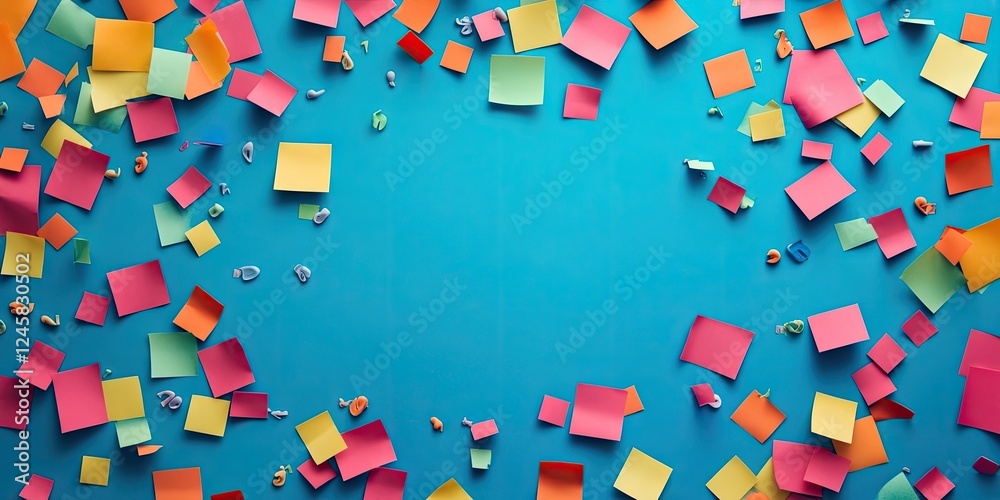 Leinwandbilder scattered colorful sticky notes in pink yellow and green over a turquoise background with ample spac