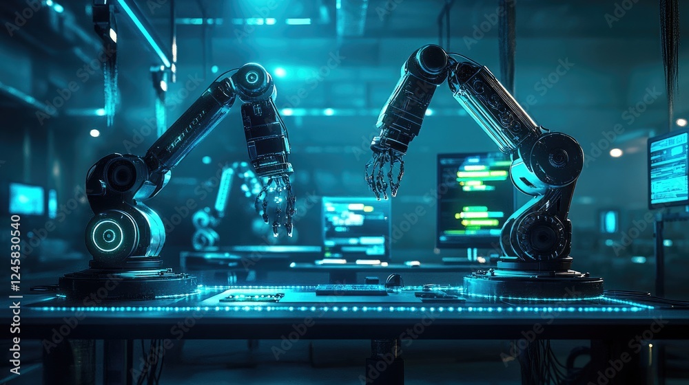 Poster a futuristic robotic workstation illuminated by blue and green led lights, with robots interacting, 