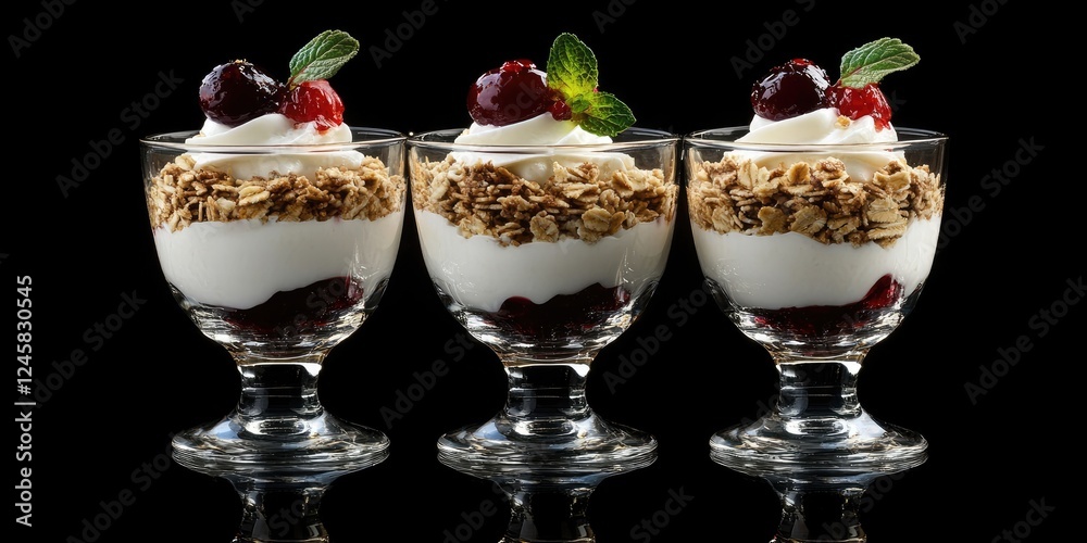Poster yogurt parfaits with layers of granola and cherries in three clear glass cups on a black background 
