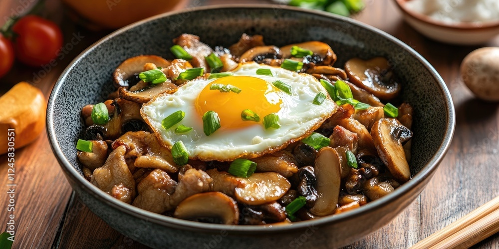 Poster stir fried pork and mushrooms with a sunny-side-up egg garnished with green onions in a black bowl o