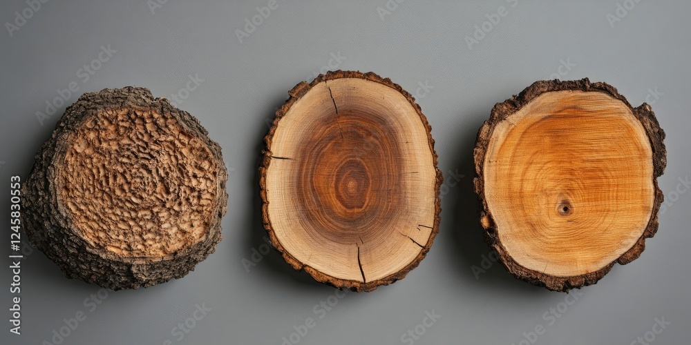Poster Three wooden tree slices on a gray background showcasing distinct textures and colors from rough bark to smooth polished wood surfaces.