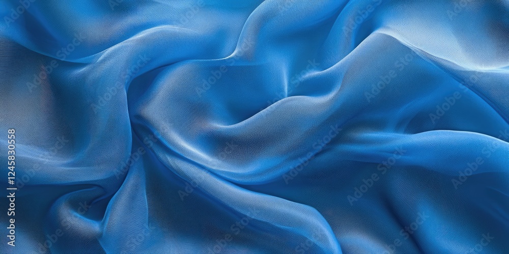 Fototapete translucent aquamarine fabric texture with flowing waves, smooth blue silk draped elegantly creating
