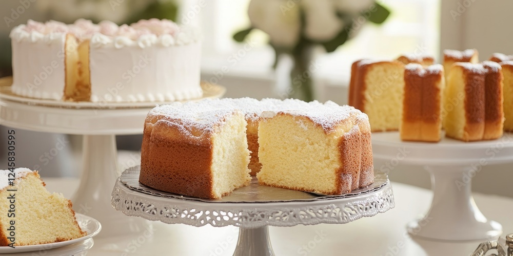 Poster delicious freshly baked vanilla cakes displayed on elegant white cake stands with a blurred floral b