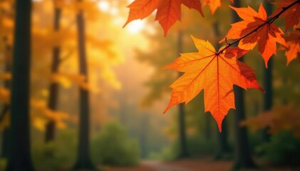 Autumnal scene with orange maple leaves against soft focus background, forest, tree