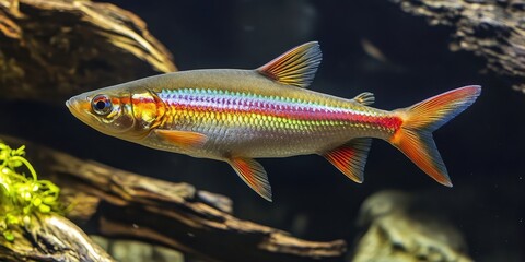 Naklejka premium Colorful aquarium fish with iridescent scales displaying vibrant rainbow hues swimming gracefully near natural driftwood and aquatic plants.