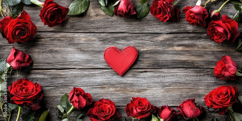 Aufkleber Red roses arranged symmetrically around a small red heart on a rustic wooden background, creating a romantic and inviting atmosphere.