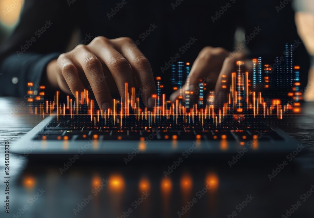 Poster hands typing on laptop with digital data visualization displayed, concept of data analysis, technolo
