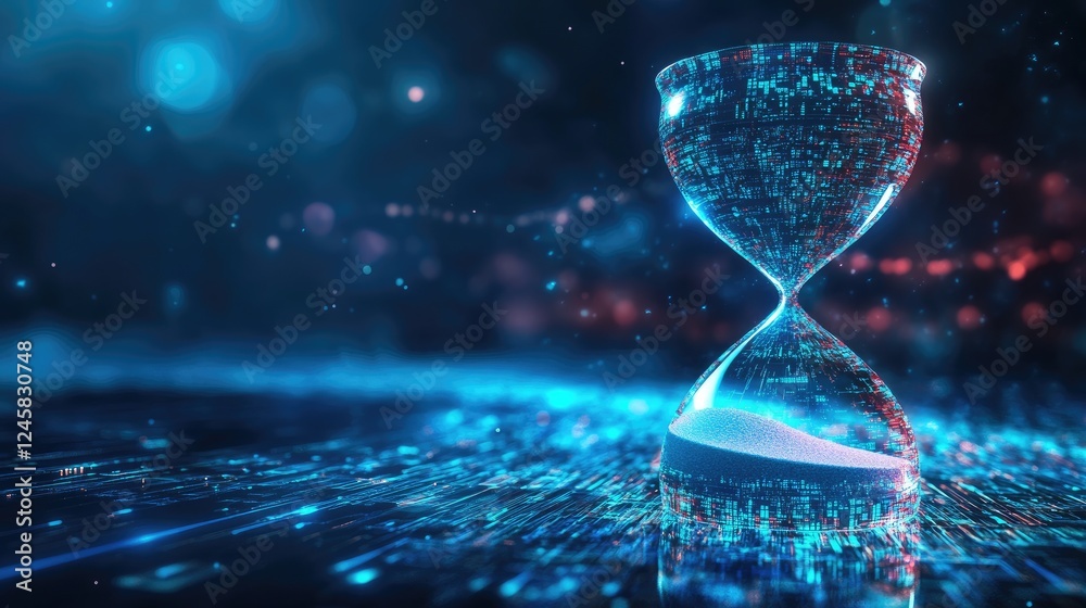 Poster a futuristic hourglass made of digital concepts with sand flowing down, representing the passage of 
