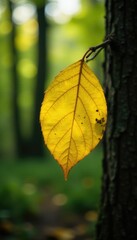Obraz premium A yellow leaf clinging to a branch in the forest, trees, yellow, natural elements
