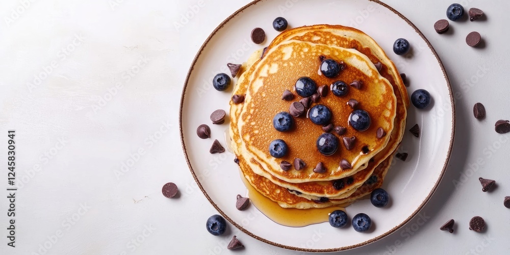 Poster delicious stack of fluffy pancakes topped with chocolate chips and blueberries on a plate with honey