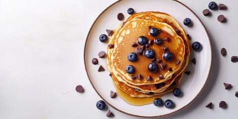 Fototapeta premium Delicious stack of fluffy pancakes topped with chocolate chips and blueberries on a plate with honey drizzled, minimalistic white background.