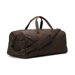 Naklejka premium Brown Leather Duffel Bag with Adjustable Strap for Travel and Sports isolated on white background