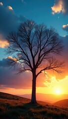 bare tree against blue sky with few clouds at sunset, foliage, sun