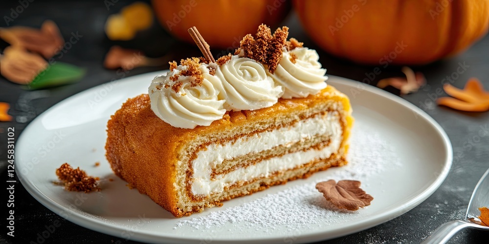 Poster pumpkin roll cake with cream cheese frosting displayed on a white plate surrounded by autumn leaves 