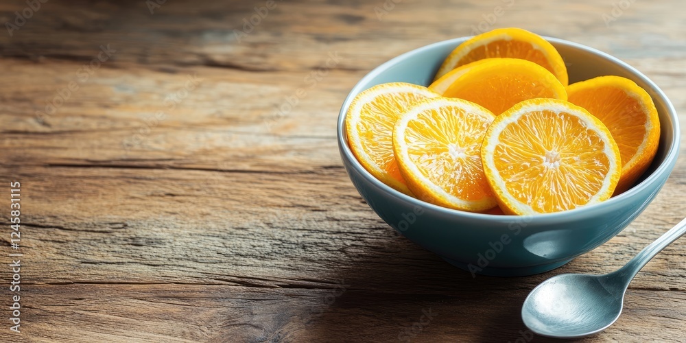 Poster freshly sliced oranges arranged in a light blue bowl on rustic wooden table with a metallic spoon po
