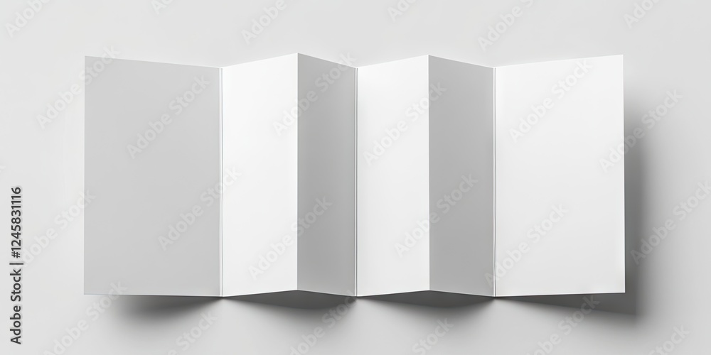 Poster top view of three blank white tri-fold brochures arranged side by side on a light gray background, s