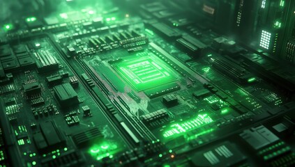 Fototapeta premium High-Resolution Close-Up of a Green-Lit Circuit Board Design Showcasing Electronic Components and Technology in a Futuristic Setting