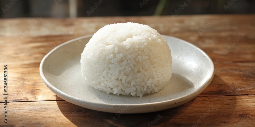 Poster white rice mound on a light gray plate resting on a rustic wooden table with soft natural lighting h