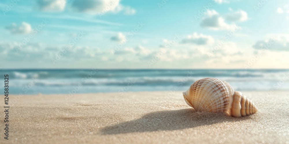 Poster seashell on sandy beach under bright sky with gently rolling waves in the background, soft hues of b