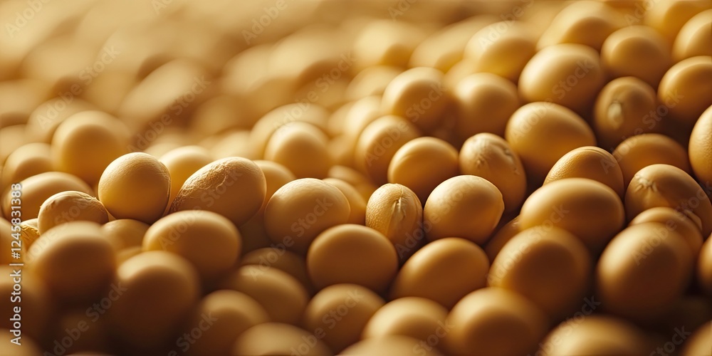 Poster Golden soybeans piled together in soft natural light with a warm bokeh background highlighting the texture and shapes of the beans.
