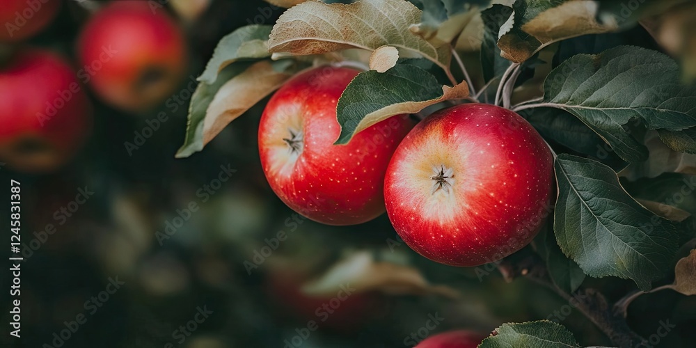 Poster Red apples on a tree branch surrounded by green leaves with a blurred background showcasing ripe fruits in a natural setting.