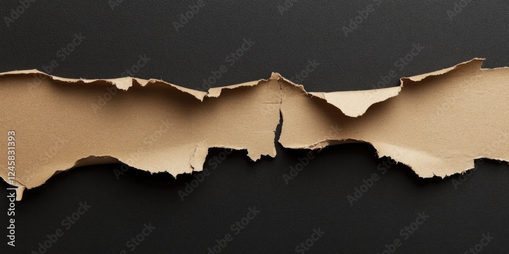 Fototapete Torn brown cardboard paper fragment with uneven edges positioned horizontally against a smooth black background showcasing texture and contrast