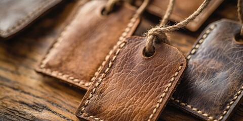 Rustic leather price tags in varied shades of brown with intricate stitching, hung on twine against a textured wood background.