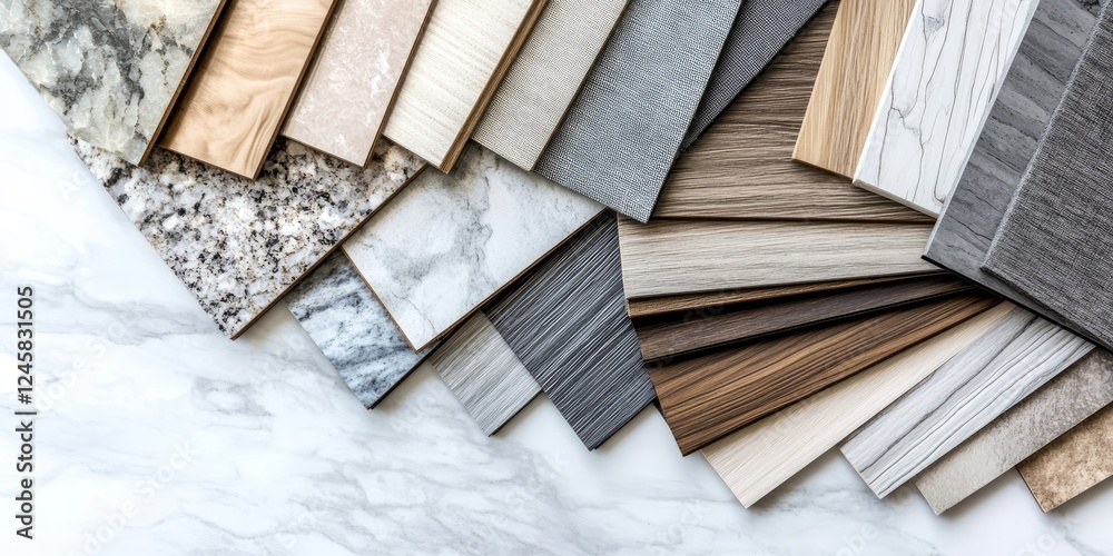 Poster Collection of various wood and stone texture samples arranged diagonally on a light marble background with neutral tones of gray, beige, and white