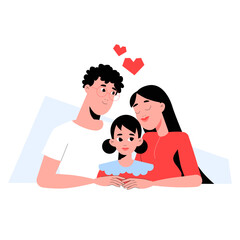 Happy Family Hugging Their Daughter, Flat Vector Illustration Symbolizing Love, Parenthood, Family Bonding, And Emotional Connection, Isolated On White Background