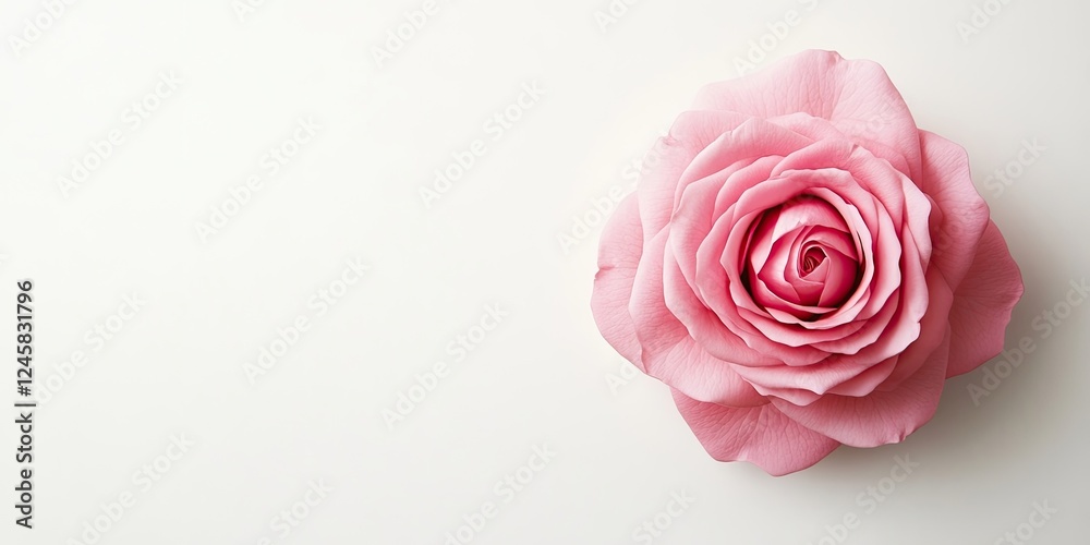 Poster delicate pink rose positioned on the top right against a soft white background, emphasizing its intr