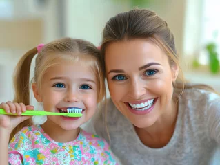 woman and her daughter are smiling while brushing their teeth together, showcasing joyful moment of bonding and dental hygiene