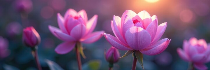 Fototapeta premium Delicate petals unfurl in shimmering hues of lavender and rose, pastel colors, nature, peaceful evening