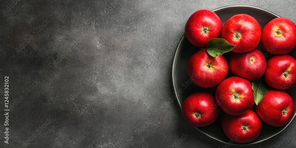 Aufkleber fresh vibrant red apples nestled in a dark round plate on a textured black surface with lush green l