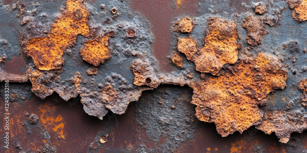 Poster rusty metal texture with orange and brown patches on a dark background, showcasing weathered areas a
