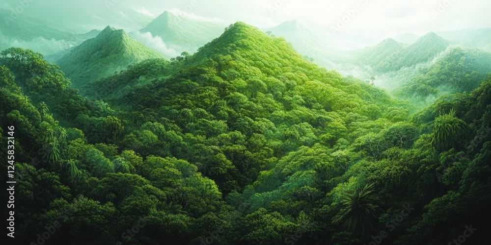 Poster lush green mountain landscape with dense foliage and mist shrouding the peaks creating a serene and 
