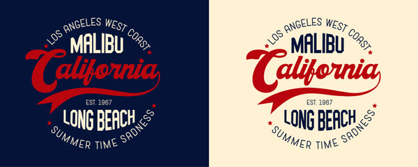 California Los Angeles West Coast Malibu Long Beach Summer Time sadness 1967 retro college varsity typographic vector graphic.