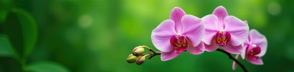 Fototapeta premium Delicate pink orchids in bloom on a lush green background, flower arranging, greenery