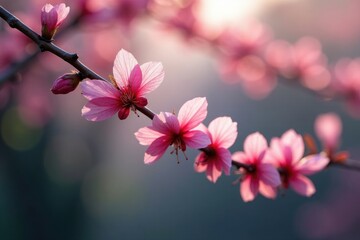 Obraz premium Delicate pink petals dangle from bare branches, higan, trees, nature