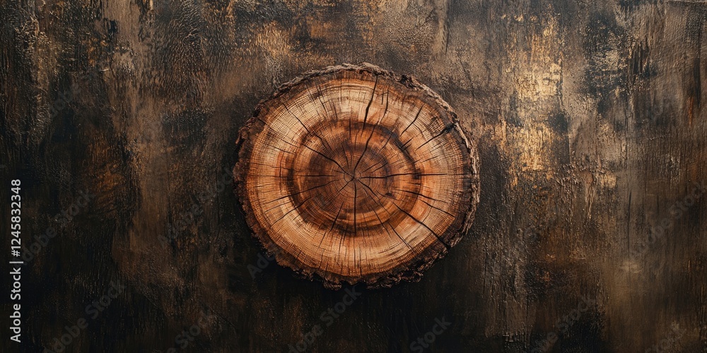Poster wooden tree stump on a dark textured background, showcasing rich brown tones and intricate grain pat