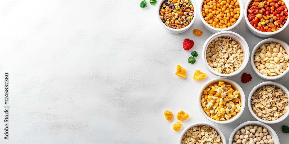 Poster cereal ingredients arranged in white bowls on a light surface with ample blank space on the left for