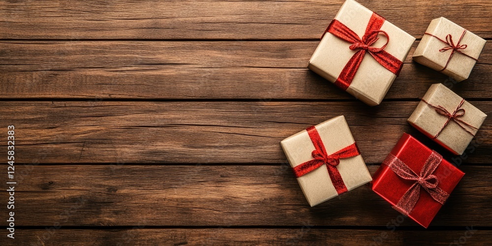 Poster colorful gift boxes in red and gold are artfully arranged on a rustic wooden table with ample negati