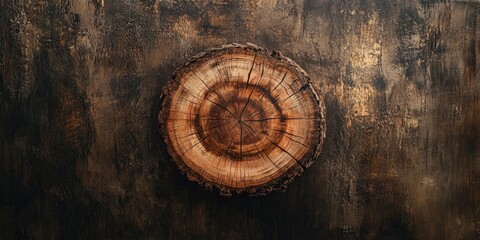Fototapeta premium Wooden tree stump on a dark textured background, showcasing rich brown tones and intricate grain patterns, centered for a rustic aesthetic.