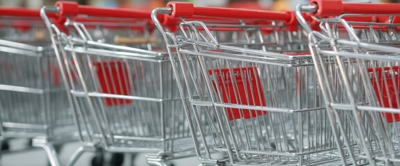 A row of gleaming shopping carts, each adorned with vibrant red handles, stands ready for action in a bustling retail environment. The metallic sheen of the carts reflects the lively atmosphere