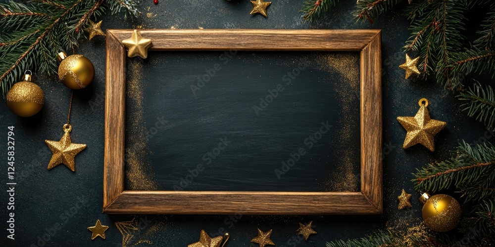 Aufkleber rustic christmas chalkboard framed in wood with gold stars and ornaments on a dark background surrou