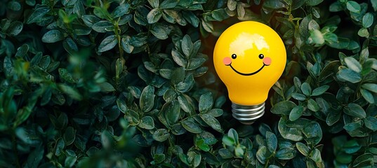 Lampadina gialla con un simpatico sorriso, posizionata tra fitte foglie verdi per simboleggiare un'idea brillante, la sostenibilità o l'energia positiva immersa nella natura